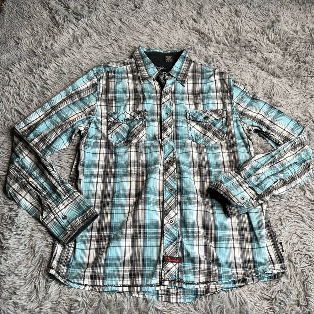 Fender Shirt Mens Large Button Up Plaid Long Sleeve Blue Emblem Embroidered